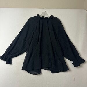 HM Conscious Black‎ Clip Dot Ruffle Neck Blouse Sheer Long Sleeve Top Womens M